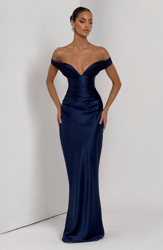 M.T Aurelia Maxi Dress Satin Plunge Bardot Navy