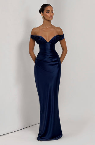 M.T Aurelia Maxi Dress Satin Plunge Bardot Navy