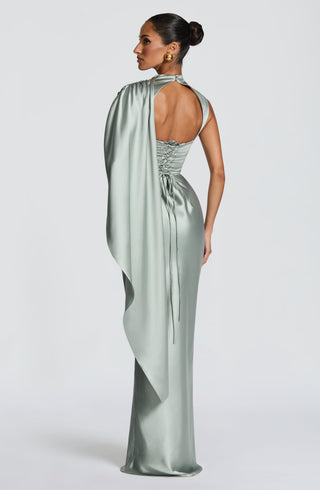 M.T Avendra Maxi Dress Corset Bodice Asymmetric Cape Sage