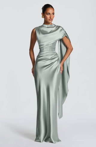 M.T Avendra Maxi Dress Corset Bodice Asymmetric Cape Sage