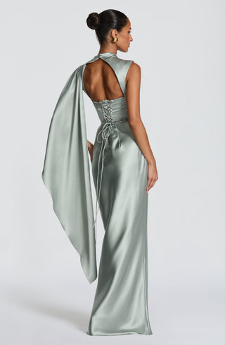 M.T Avendra Maxi Dress Corset Bodice Asymmetric Cape Sage