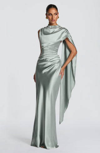 M.T Avendra Maxi Dress Corset Bodice Asymmetric Cape Sage