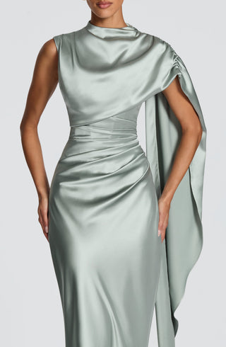 M.T Avendra Maxi Dress Corset Bodice Asymmetric Cape Sage