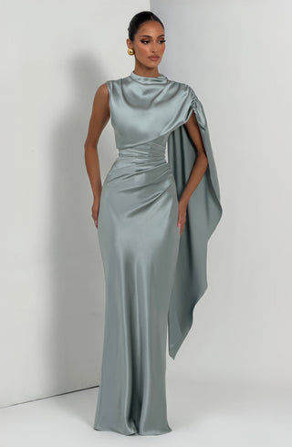 M.T Avendra Maxi Dress Corset Bodice Asymmetric Cape Sage