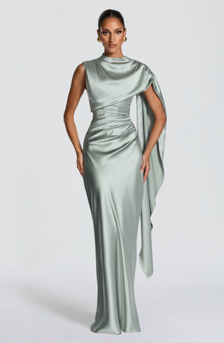 M.T Avendra Maxi Dress Corset Bodice Asymmetric Cape Sage