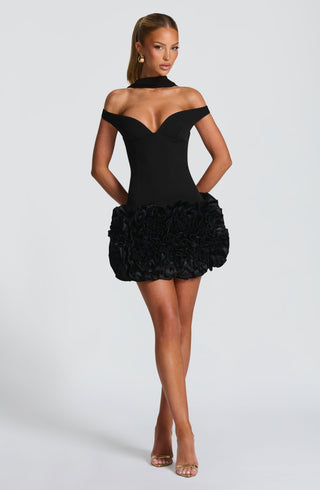 R.F Aveta Mini Dress Crepe Satin Bardot Black