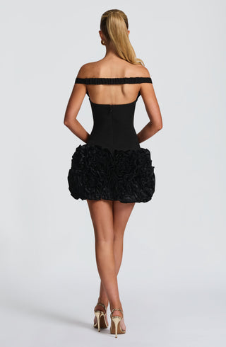 R.F Aveta Mini Dress Crepe Satin Bardot Black