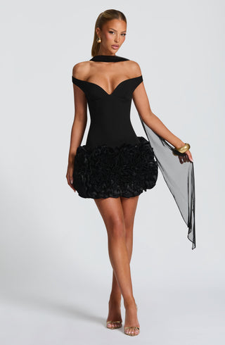 R.F Aveta Mini Dress Crepe Satin Bardot Black