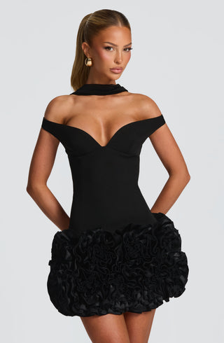 R.F Aveta Mini Dress Crepe Satin Bardot Black