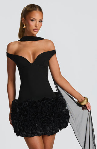 R.F Aveta Mini Dress Crepe Satin Bardot Black
