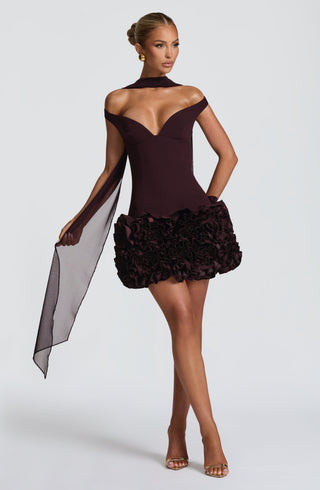R.F Aveta Mini Dress Non-Stretch Crepe Bardot Plunge Plum