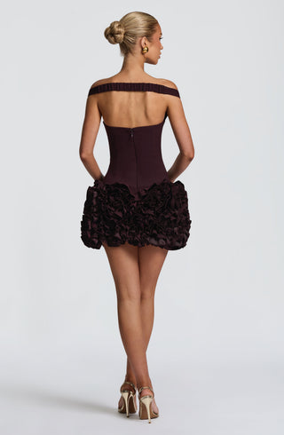 R.F Aveta Mini Dress Non-Stretch Crepe Bardot Plunge Plum