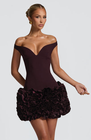 R.F Aveta Mini Dress Non-Stretch Crepe Bardot Plunge Plum
