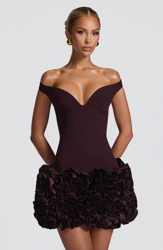 R.F Aveta Mini Dress Non-Stretch Crepe Bardot Plunge Plum