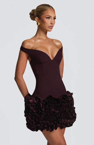 R.F Aveta Mini Dress Non-Stretch Crepe Bardot Plunge Plum