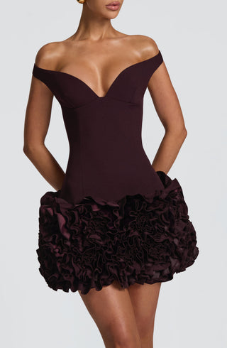 R.F Aveta Mini Dress Non-Stretch Crepe Bardot Plunge Plum