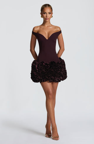 R.F Aveta Mini Dress Non-Stretch Crepe Bardot Plunge Plum