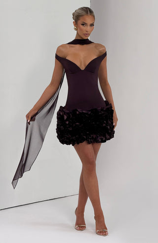 R.F Aveta Mini Dress Non-Stretch Crepe Bardot Plunge Plum