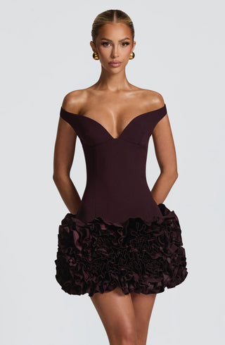 R.F Aveta Mini Dress Non-Stretch Crepe Bardot Plunge Plum