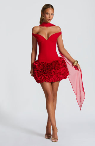 R.F Aveta Mini Dress Crepe Satin Plunge Bardot Red