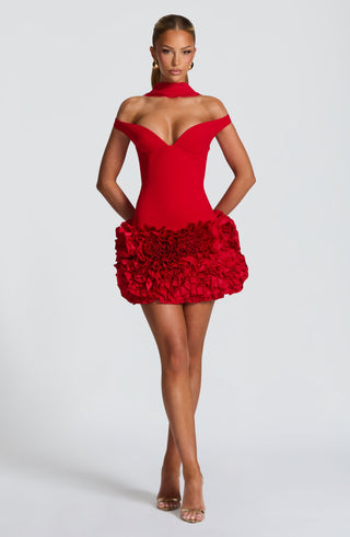R.F Aveta Mini Dress Crepe Satin Plunge Bardot Red