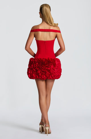 R.F Aveta Mini Dress Crepe Satin Plunge Bardot Red