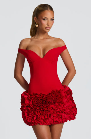 R.F Aveta Mini Dress Crepe Satin Plunge Bardot Red