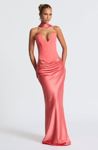 M.T Bernadette Maxi Skirt Bias-Cut Stretch Satin Coral Pink