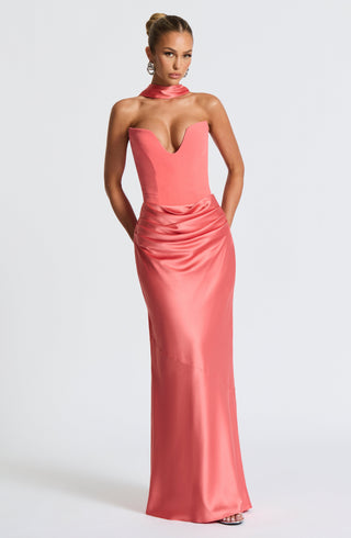 M.T Bernadette Maxi Skirt Bias-Cut Stretch Satin Coral Pink