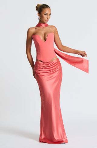 M.T Bernadette Maxi Skirt Bias-Cut Stretch Satin Coral Pink