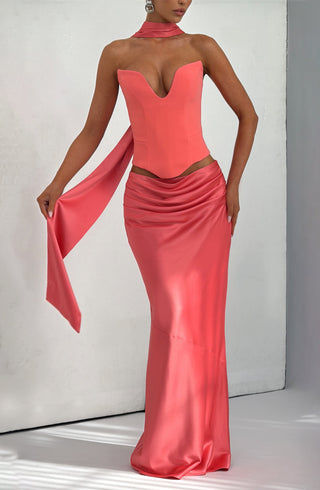 M.T Bernadette Maxi Skirt Bias-Cut Stretch Satin Coral Pink