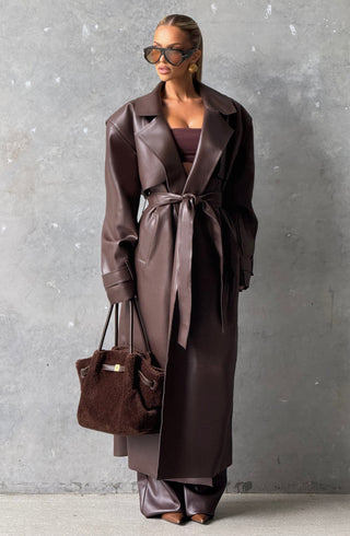 S.M Bridget Trench Coat Faux Leather Jacket Plum Brown