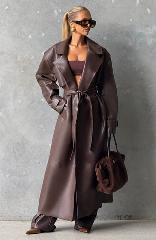 S.M Bridget Trench Coat Faux Leather Jacket Plum Brown