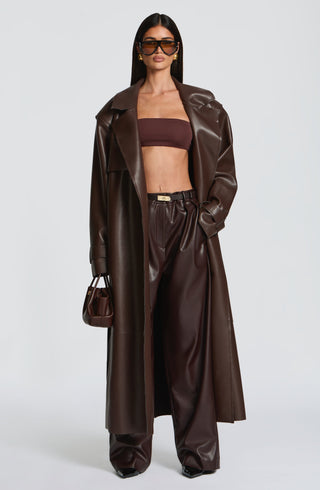 S.M Bridget Trench Coat Faux Leather Jacket Plum Brown