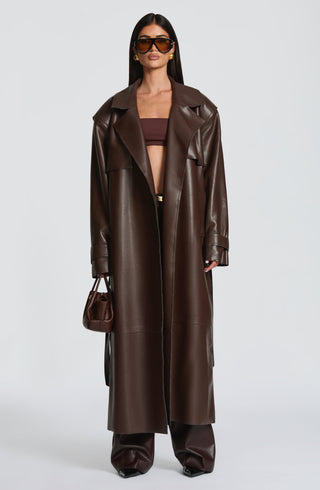 S.M Bridget Trench Coat Faux Leather Jacket Plum Brown