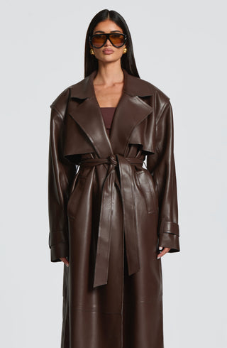 S.M Bridget Trench Coat Faux Leather Jacket Plum Brown