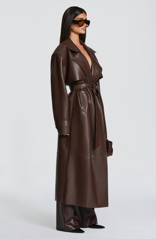 S.M Bridget Trench Coat Faux Leather Jacket Plum Brown