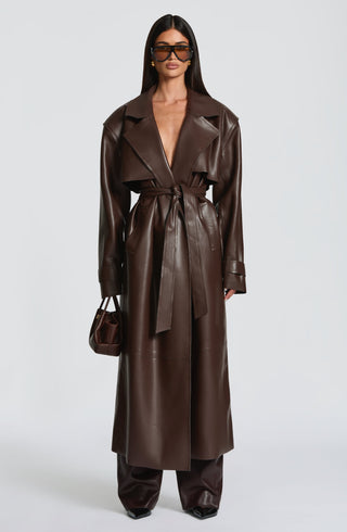 S.M Bridget Trench Coat Faux Leather Jacket Plum Brown