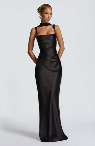M.T Calanthe Maxi Dress Satin Corset Bodice Square Neck Black