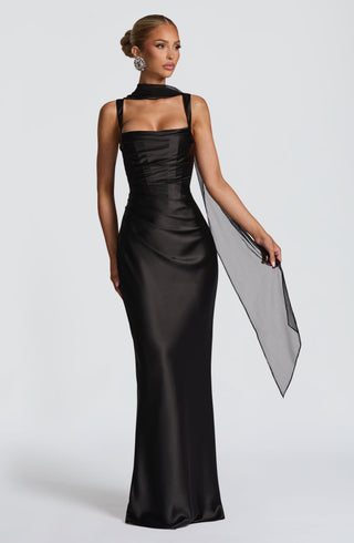 M.T Calanthe Maxi Dress Satin Corset Bodice Square Neck Black