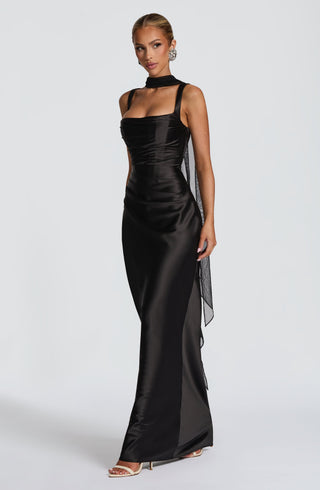 M.T Calanthe Maxi Dress Satin Corset Bodice Square Neck Black