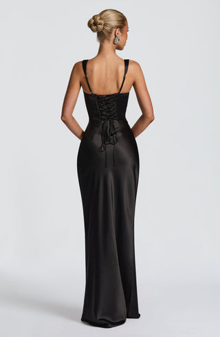 M.T Calanthe Maxi Dress Satin Corset Bodice Square Neck Black