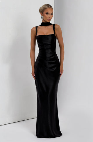 M.T Calanthe Maxi Dress Satin Corset Bodice Square Neck Black