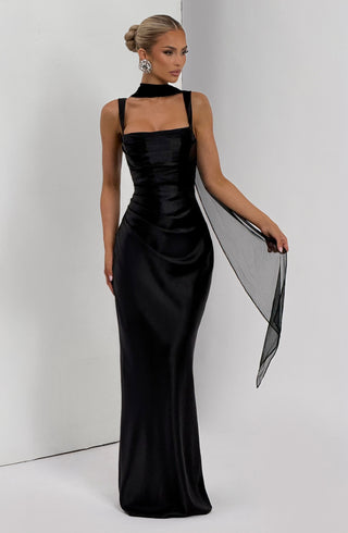 M.T Calanthe Maxi Dress Satin Corset Bodice Square Neck Black
