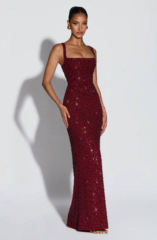 R.F Calanthe Maxi Dress Embellished Chiffon Burgundy Sparkle