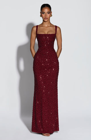 R.F Calanthe Maxi Dress Embellished Chiffon Burgundy Sparkle