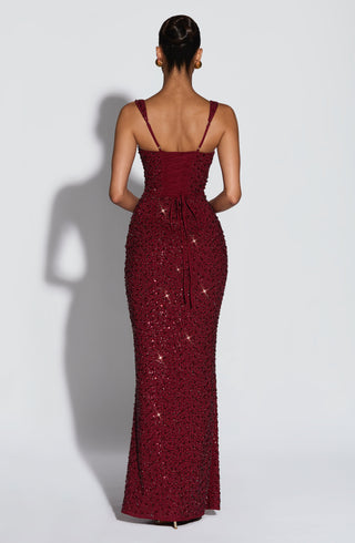 R.F Calanthe Maxi Dress Embellished Chiffon Burgundy Sparkle