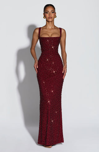 R.F Calanthe Maxi Dress Embellished Chiffon Burgundy Sparkle