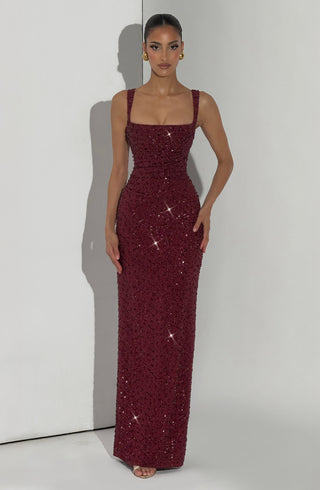 R.F Calanthe Maxi Dress Embellished Chiffon Burgundy Sparkle