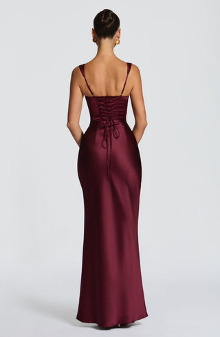 M.T Calanthe Maxi Dress Satin Corset Cherry Lacquer